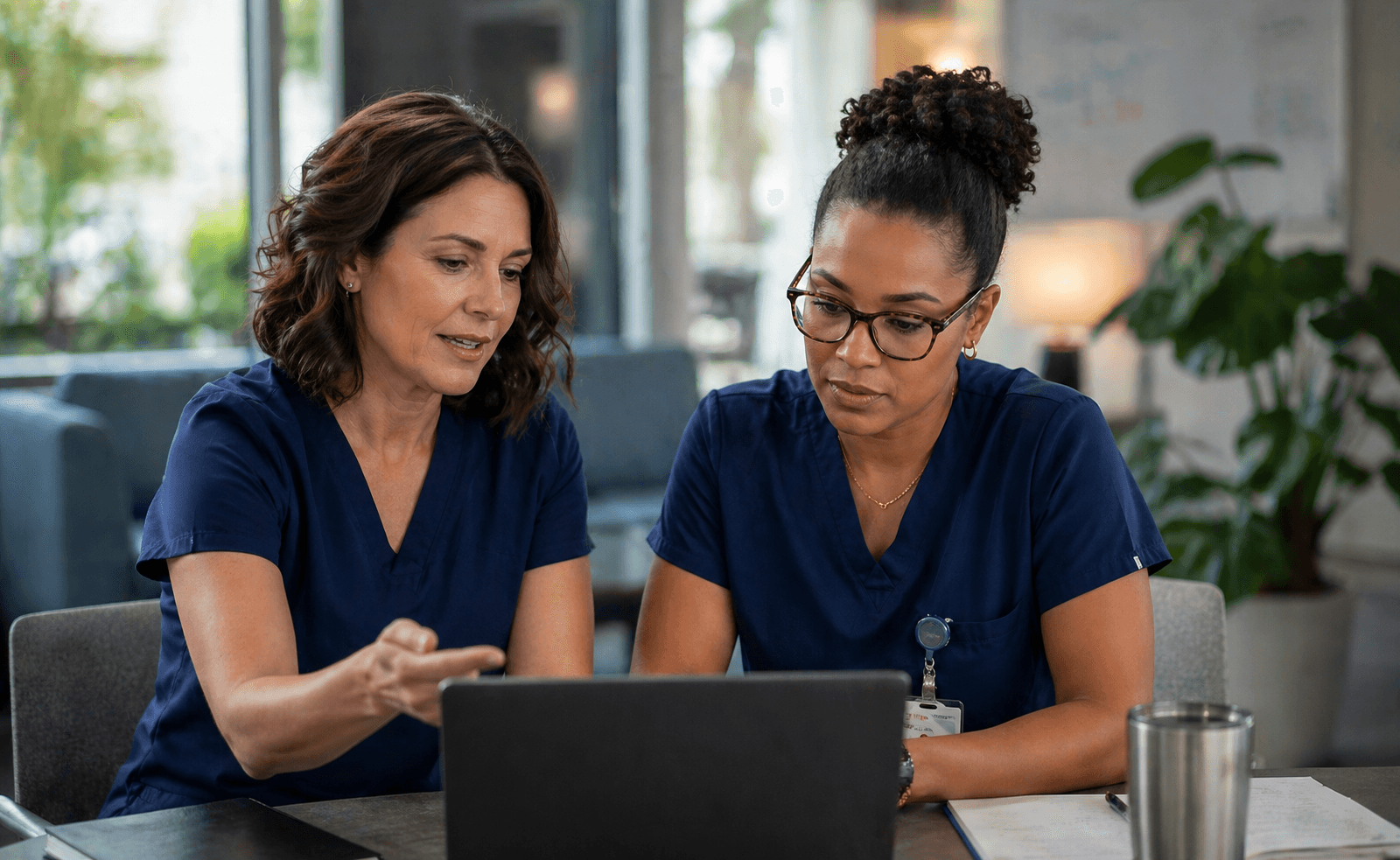 Nurse leaders reviewing nursing excellence work on a laptop to reclaim leadership time